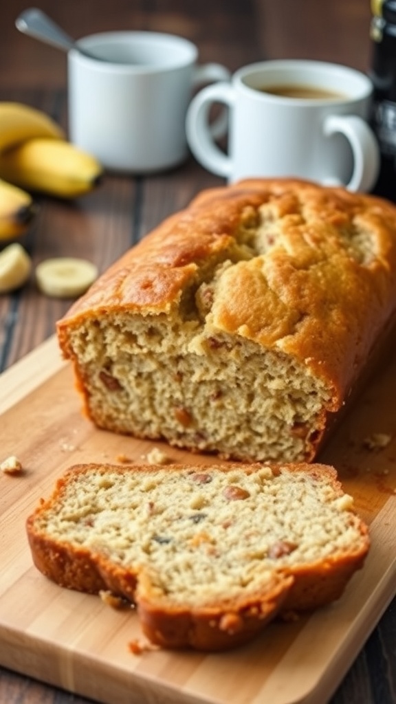 Golden brown banana bread loaf with slices cut, placed on a wooden board with bananas and coffee in the background.
